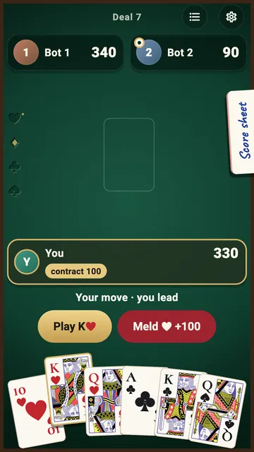 The game on a phone: your lead, with buttons to play the king of hearts or declare the hearts marriage for 100.